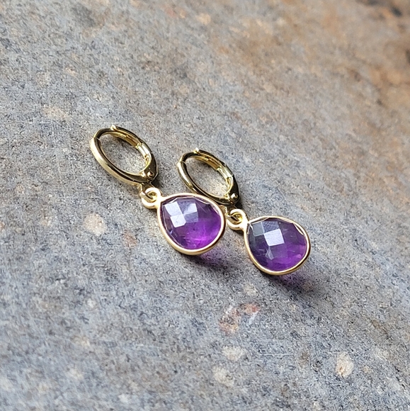 18k Gold Plated Amythest Teardrop Earrings - Picture 2 of 6